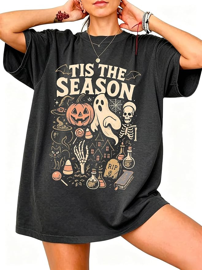 Oversized Halloween Shirts for Women Spooky Season Pumpkin Ghost Fall Casual Tee | Amazon (US)