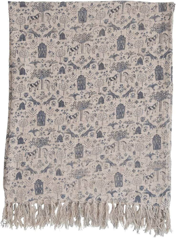 Creative Co-Op Cotton Slub Pattern and Fringe Blanket Throw, Single, Blue/Cream | Amazon (US)