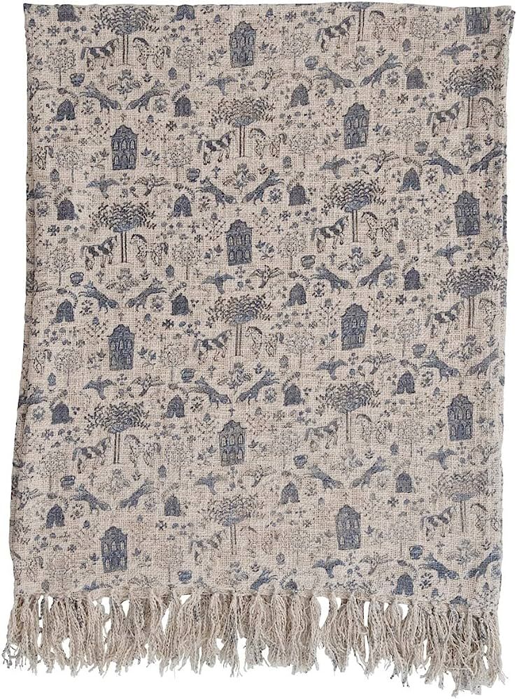 Creative Co-Op Cotton Slub Pattern and Fringe Blanket Throw, Single, Blue/Cream | Amazon (US)