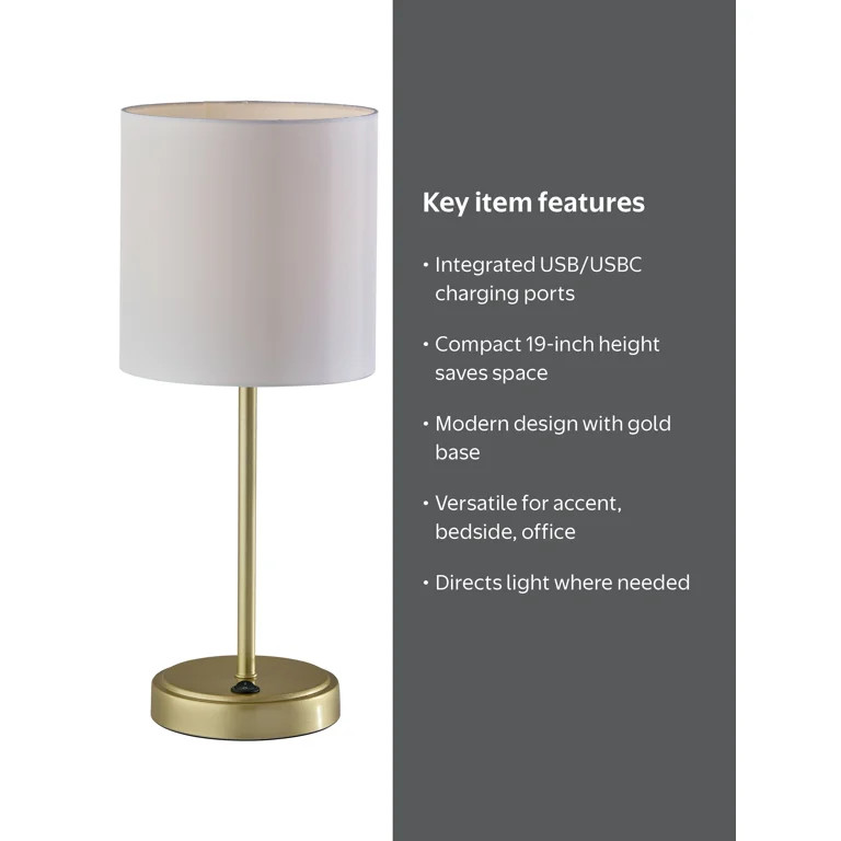 Mainstays Gold Metal Stick Lamp with USB and USBC Ports, 19 Inch, Modern Design | Walmart (US)