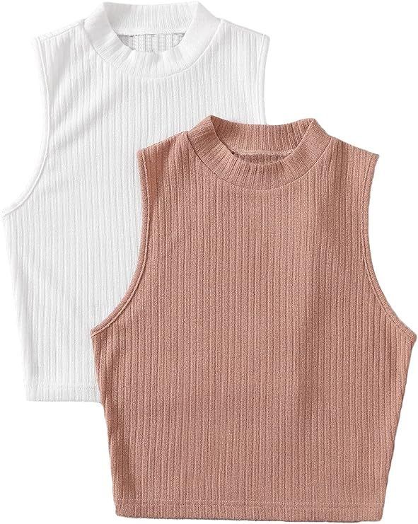 Milumia Women's 2 Packs Ribbed Knit Mock Neck Sleeveless Casual Basic Crop Tank Top | Amazon (US)