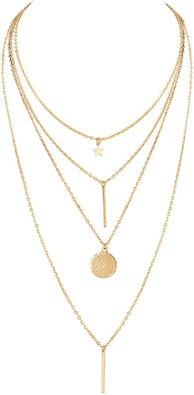 LATEEFAH Dainty Layered Choker Necklace, Handmade 14K Gold Plated Y Pendant Necklace Multilayer B... | Amazon (US)