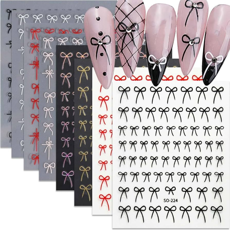 8 Count Bow Nail Art Stickers, Self-Adhesive, Vinyl, Glossy, Black, White, Red, Gold, Aurora, 3D,... | Amazon (US)