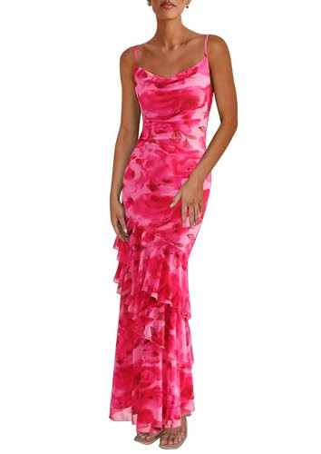 PRETTYGARDEN Maxi Dresses for Women 2025 Summer Tiered Floral Beach Sundress Spaghetti Strap Wedding Guest Long Dress (Print Pink,Medium) | Amazon (US)
