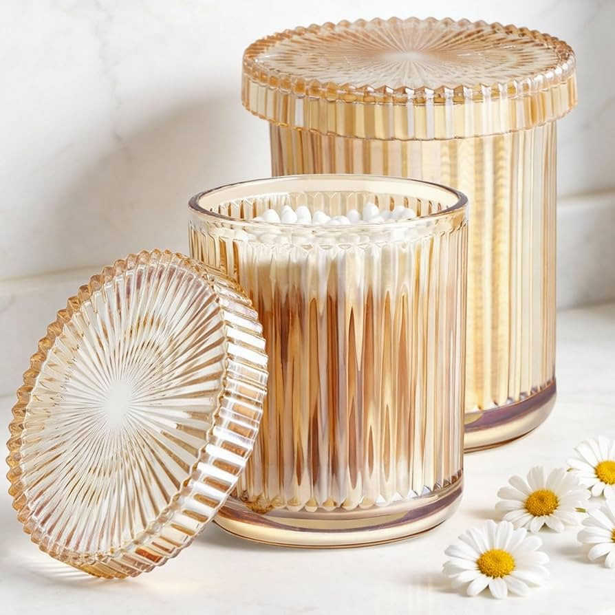 2 Pack Glass Qtip Holder Dispenser Set - Bathroom Organizer for Cotton Swabs, Balls, Pads, Floss ... | Amazon (US)