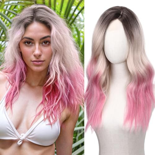FAVE Blonde Pink Wig - 22 Inch Natural Wavy Synthetic Wig for Women, Middle Part, Light Pink | Amazon (US)