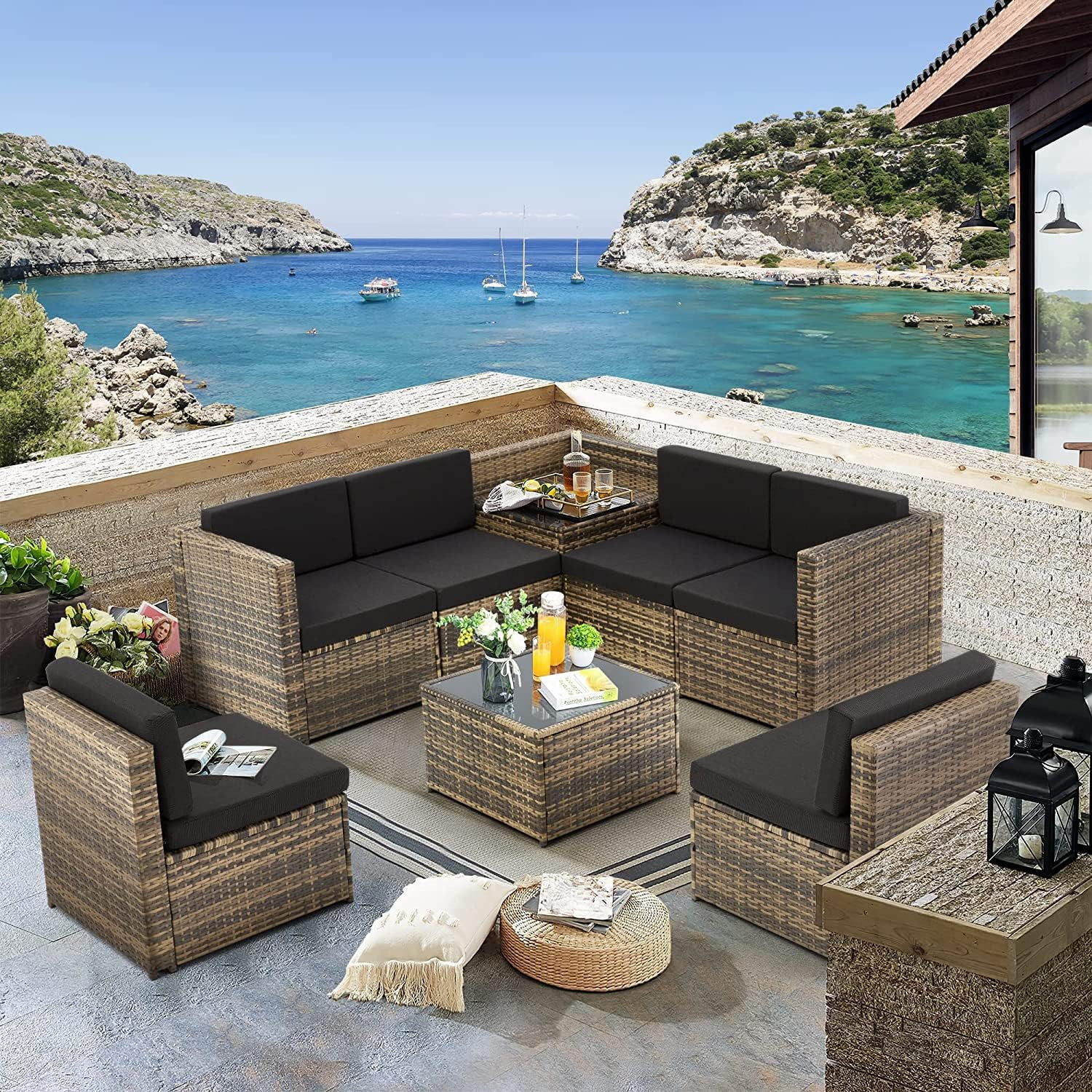 KROFEM 8 Pieces Patio Rattan Furniture Set with Hidden Storage, 7 Sofa Sections, Outdoor Wicker C... | Amazon (US)
