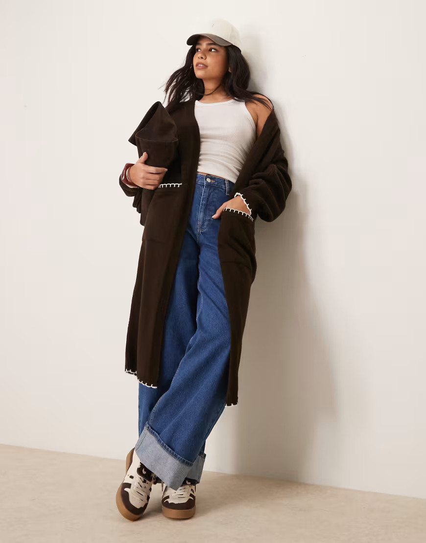 Miss Selfridge blanket stitch maxi cardigan in chocolate-Brown | ASOS (Global)