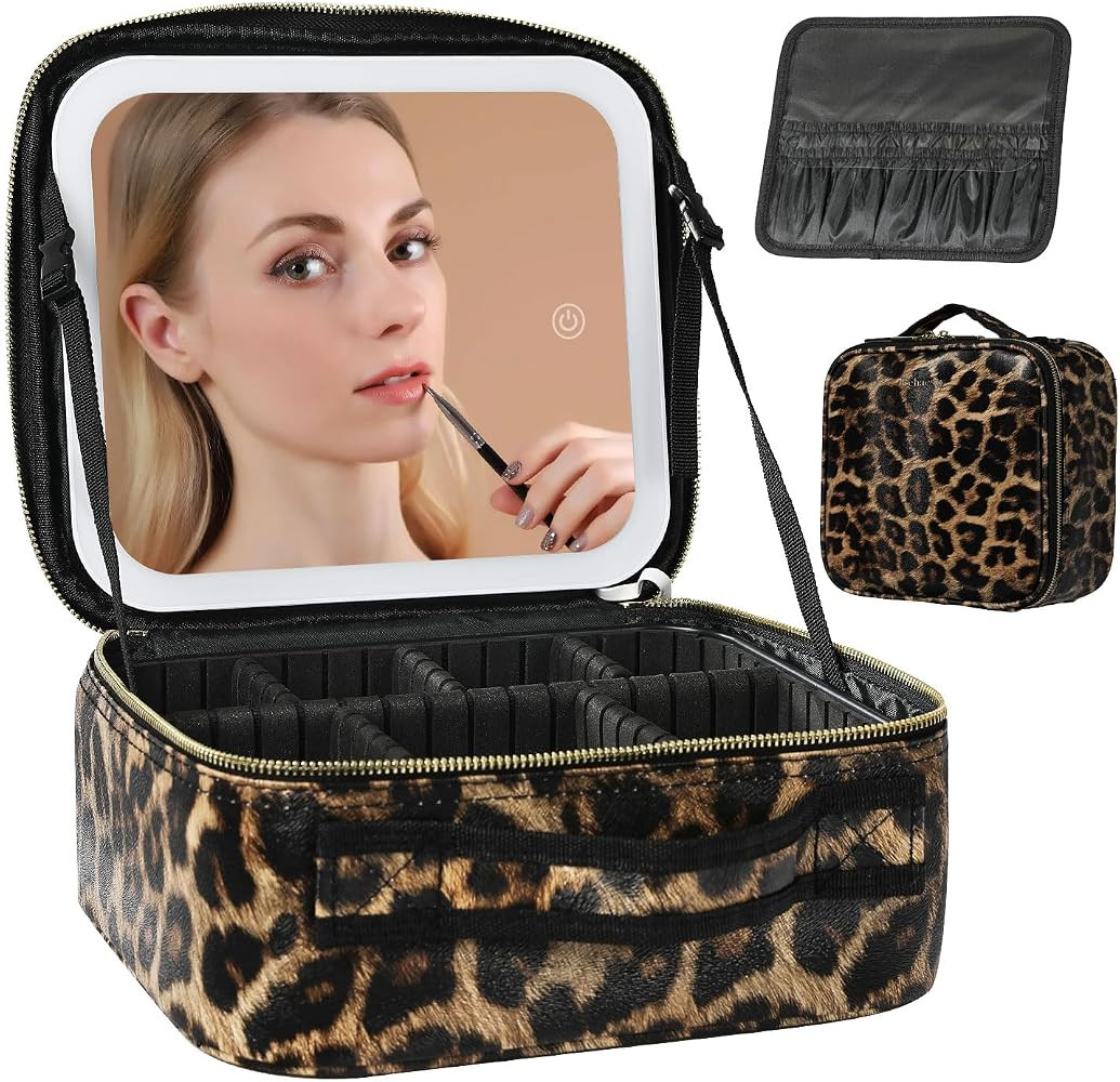 Travel Makeup Bag with LED Lighted Mirror, Cosmetic Makeup Organizer Bag with 3 Color Setting, Ma... | Amazon (US)