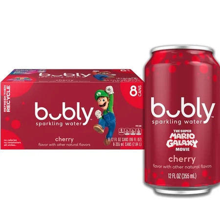 bubly Sparkling Water, The Super Mario Galaxy Movie Cherry, Zero Sugar & Zero Calories ,12 fl oz Cans (8 pack) | Walmart (US)