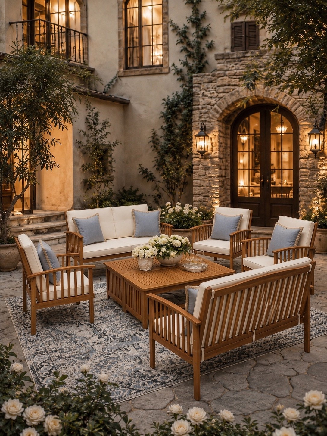 Patio perfection for summer evenings ✨🤍

This outdoor conversation set is giving timeless elegance with its warm wood tones, plush neutral cushions, and beautifully styled courtyard setting 🌿 The soft blue accent pillows add just the right touch of color while keeping the overall look classic, refined, and inviting.

I love how this space feels like a luxury European getaway right at home — perfect for hosting friends, enjoying a glass of wine at sunset, or creating a cozy outdoor retreat you’ll never want to leave ✨

Follow @farmtotablecreations on Instagram for more cozy home finds and elevated outdoor living inspiration 🤍#OutdoorLiving #PatioDecor #BackyardGoals #OutdoorFurniture #LuxuryOutdoorLiving #EuropeanFarmhouse #PatioSeason #HomeInspo #NeutralDecor #OutdoorEntertaining #CozyHome #BackyardDesign #LTKStyle #OutdoorOasis

#LTKHome #LTKHome #LTKSaleAlert