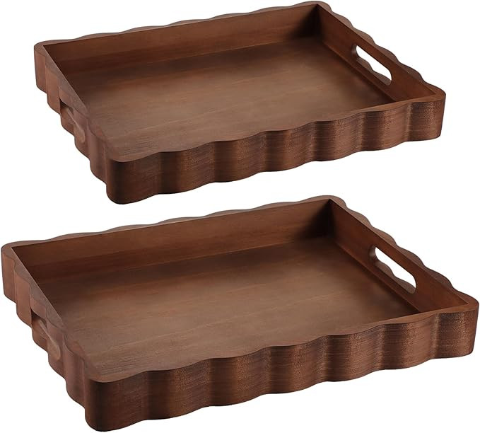 Novabright 2 Pack Solid Scalloped Wood Serving Trays with Handle, 2 Size Rectangular Wavy Edge De... | Amazon (US)