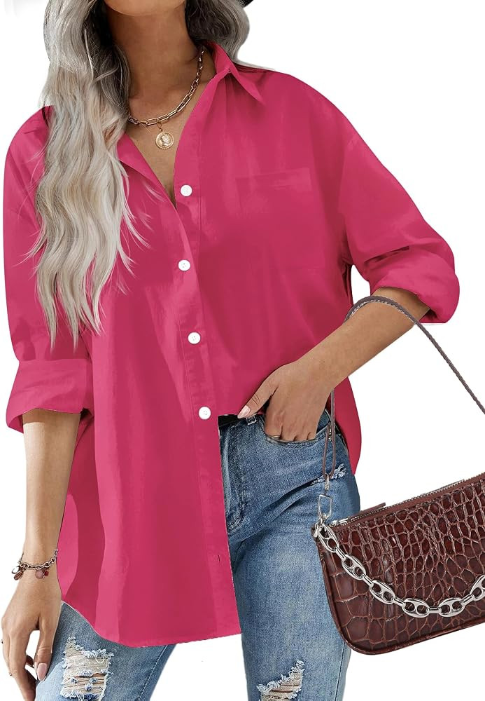 HOTOUCH Women Button Down Shirts Office Drop Shoulder Oversized Blouse Long Sleeve Boyfriend Dres... | Amazon (US)