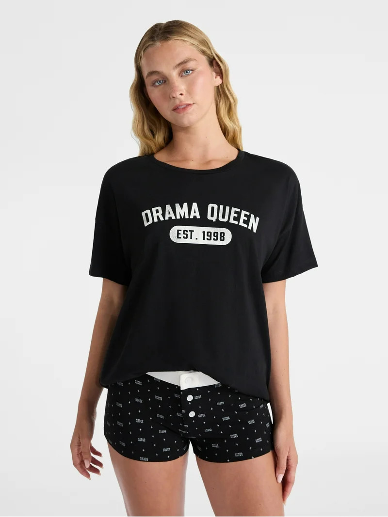 No Boundaries Sleepwear Cotton Tee and Boxer Shorts Set, 2-Piece, Women’s | Walmart (US)