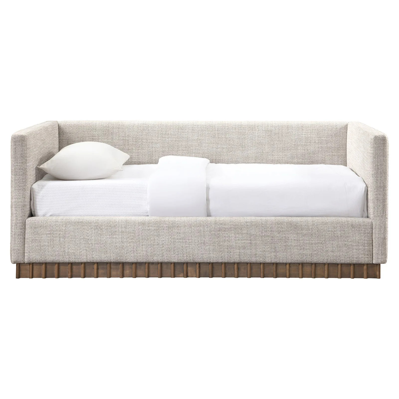 Solange Modern Classic Beige Linen Brown Wood Daybed | Kathy Kuo Home