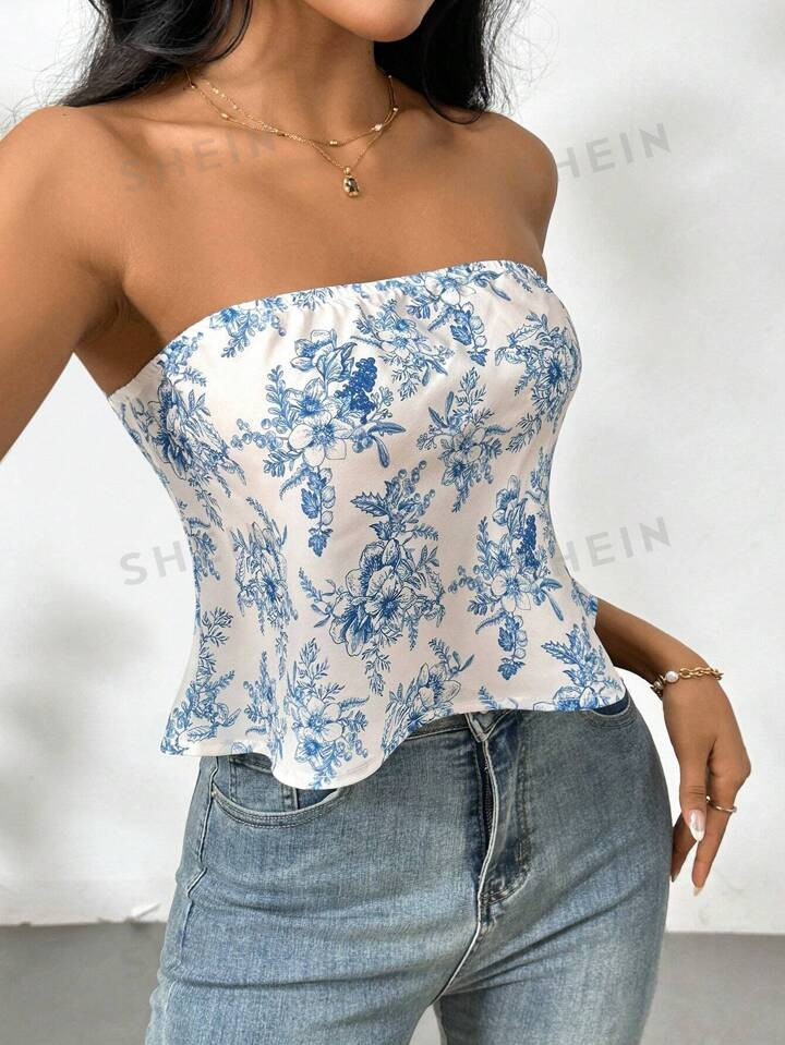 SHEIN Privé Women's Blue & White Floral Bandeau Crop Top For Summer | SHEIN