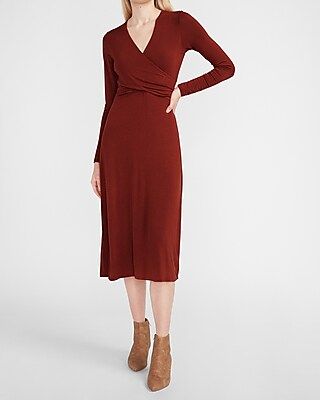 Long Sleeve Cross Front Knit Midi Dress Red Women's XXS | Express