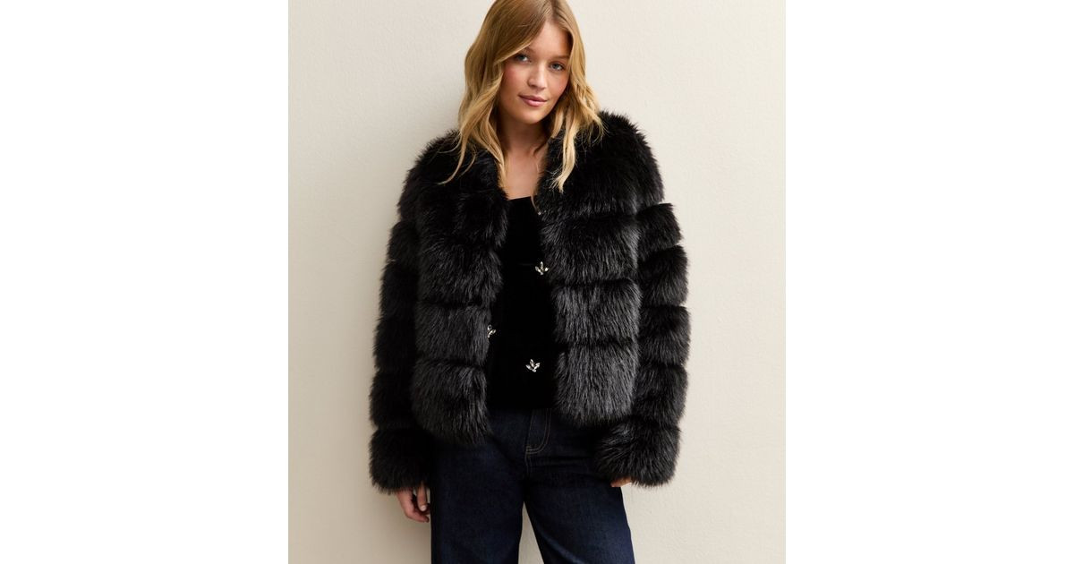 Black Panelled Faux Fur Jacket | New Look | New Look (UK)