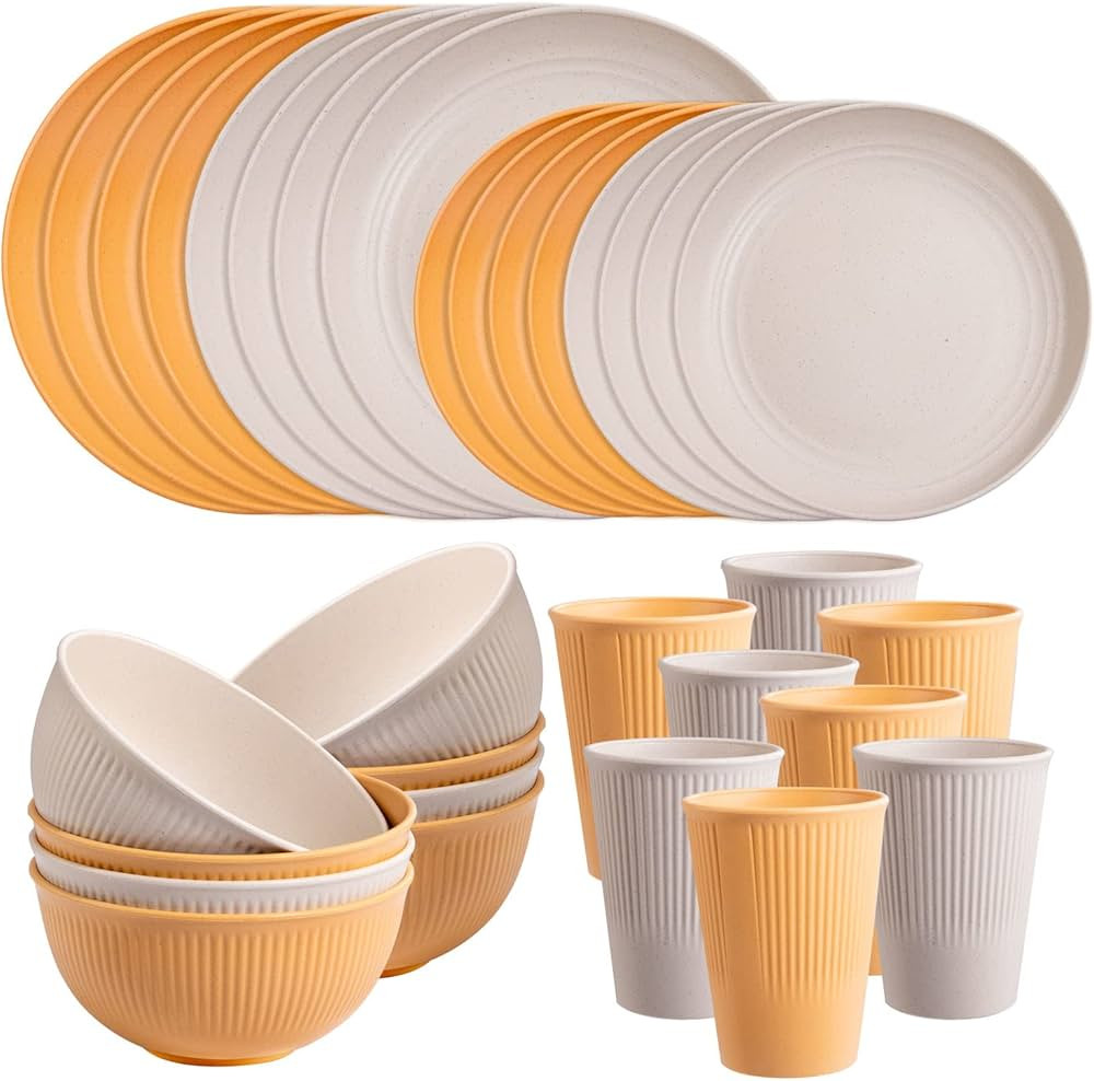 LIYH 32pcs Wheat Straw Dinnerware Plates, Beige Wheat Straw Plates and Bowls Sets, Beige Plastic ... | Amazon (US)