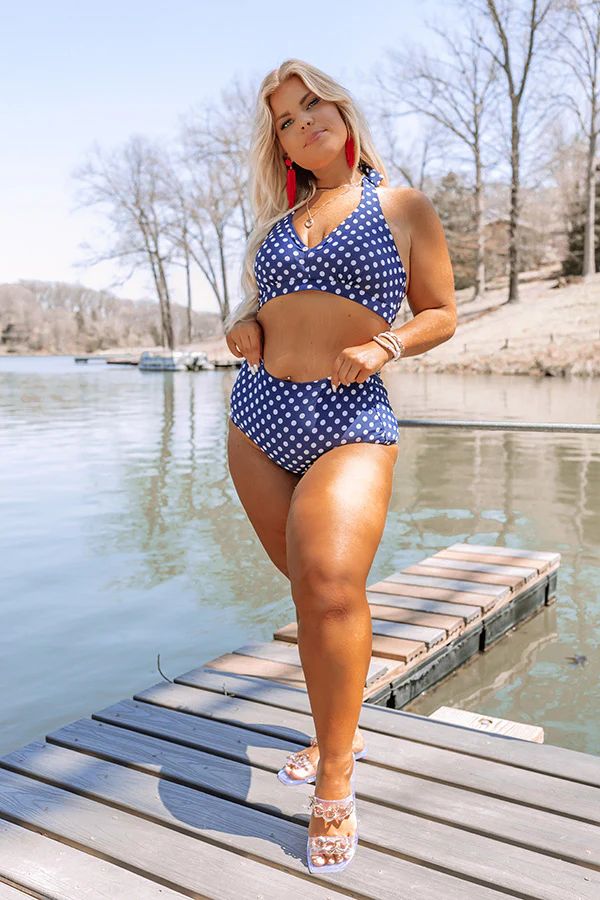 Summer Rhythm High Waist Polka Dot Bikini Bottom in Navy Curves | Impressions Online Boutique