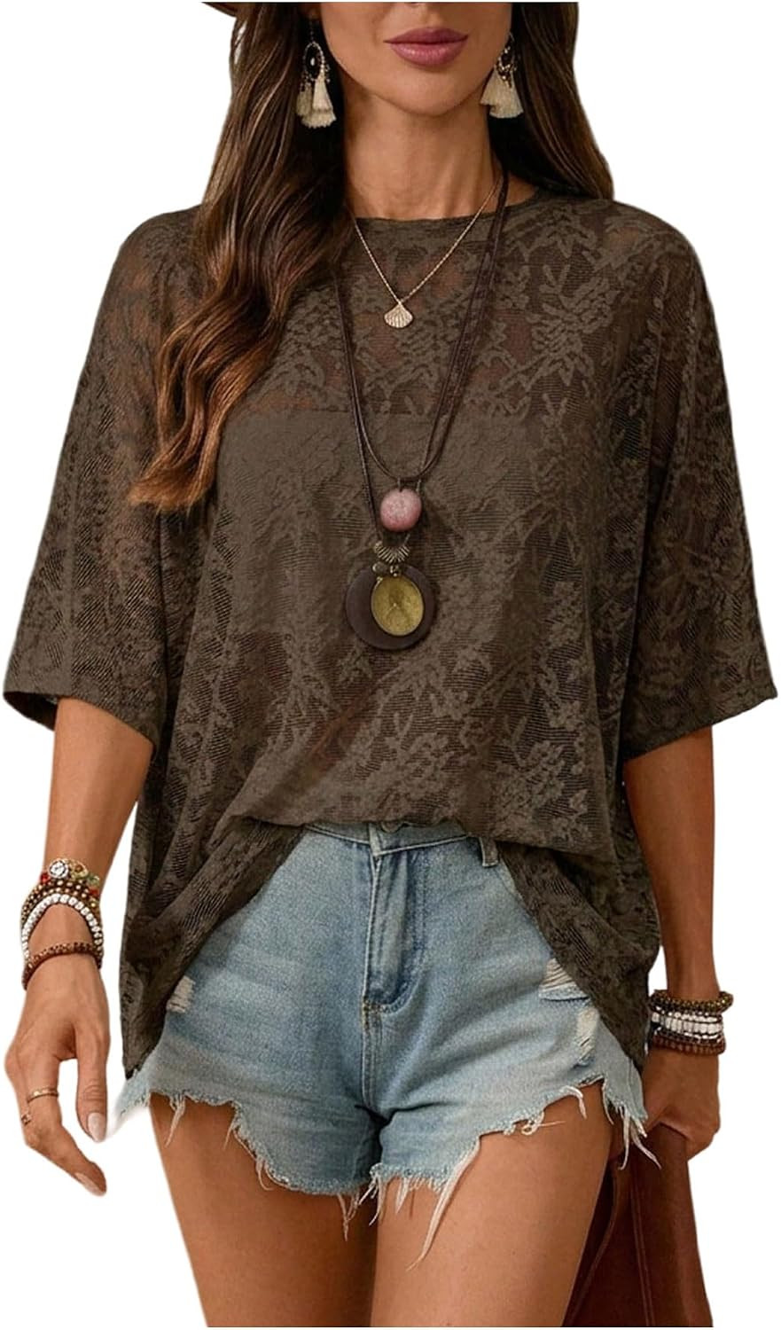 SOLY HUX Women's Boho Short Sleeve Floral Mesh Lace Tops | Amazon (US)