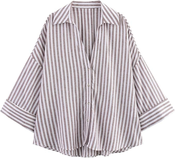 Xunger Women's Lapel Collar Striped Loose Sleeve Shirt Casual Pleated Versatile Oversized Blouse | Amazon (US)