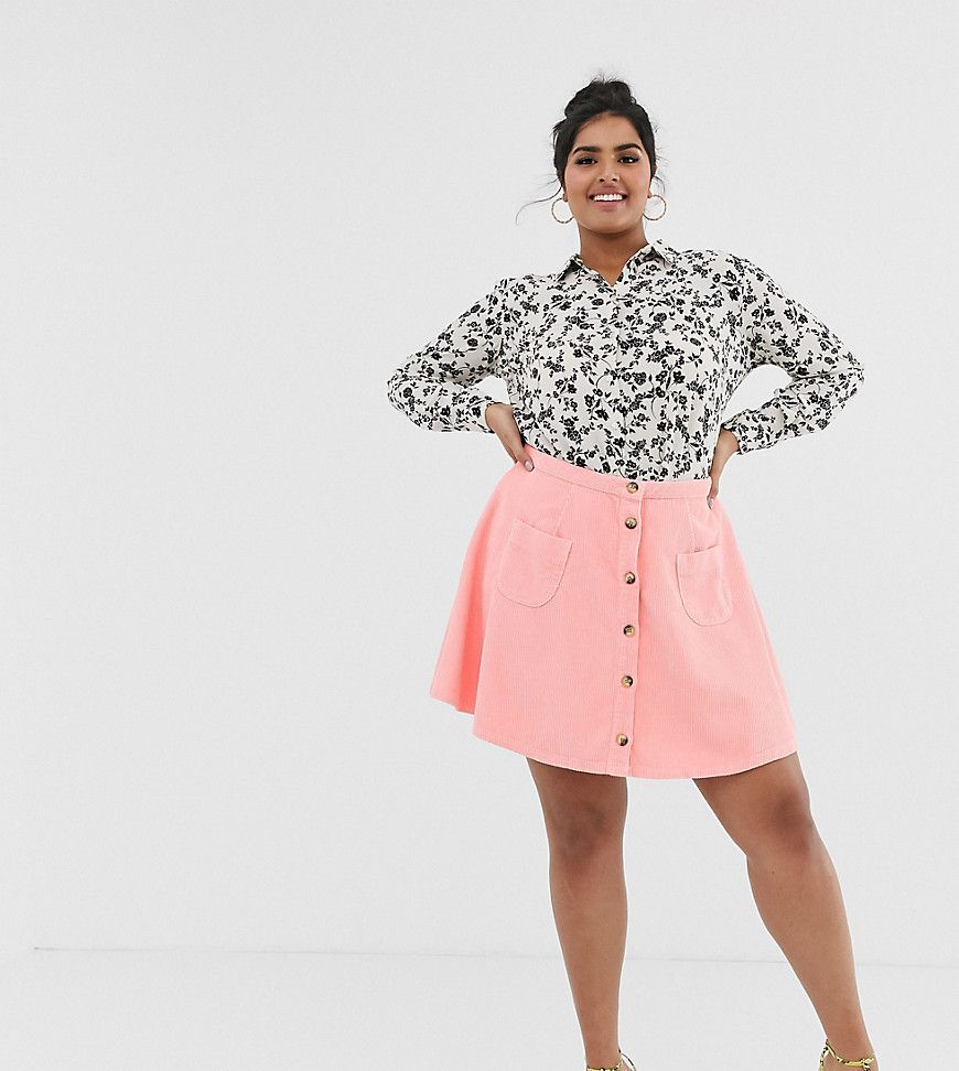 ASOS DESIGN Curve cord mini skater skirt with buttons and pockets-Pink | ASOS (Global)