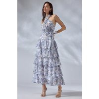 ASTR the Label | Adamaris Floral Halter Tiered Ruffle Maxi Dress in Blue floral | Size S | ASTR The Label (US)