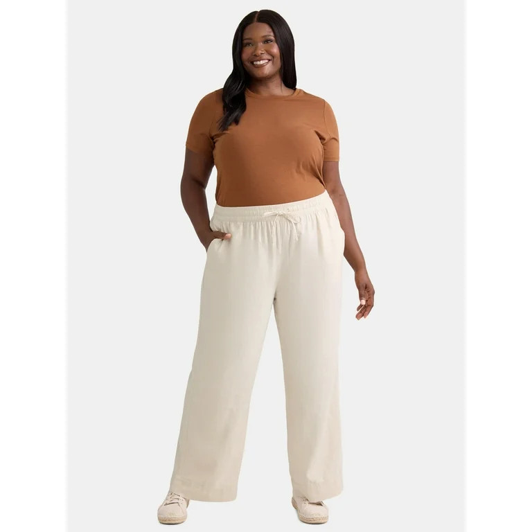 Time and Tru Women's and Women's Plus Wide Leg Linen Blend Pants, 29" Inseam, Sizes XS-4X | Walmart (US)