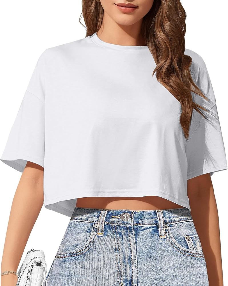 Women's Basic Crop Top Drop Shoulder T Shirt Half Sleeve Cropped Tee Crewneck Short Sleeve Casual... | Amazon (US)