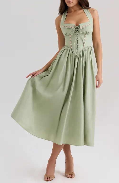 HOUSE OF CB Emilia Corset Halter Midi Dress in Reseda at Nordstrom, Size X-Small A | Nordstrom