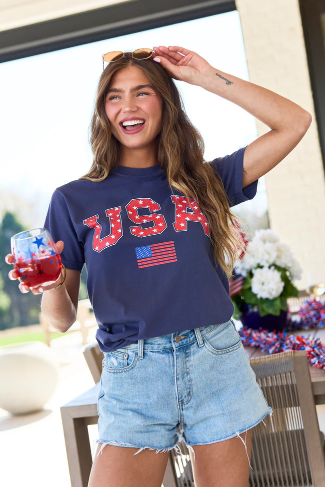 Athletic USA Flag Star Print Navy Graphic Tee | Pink Lily