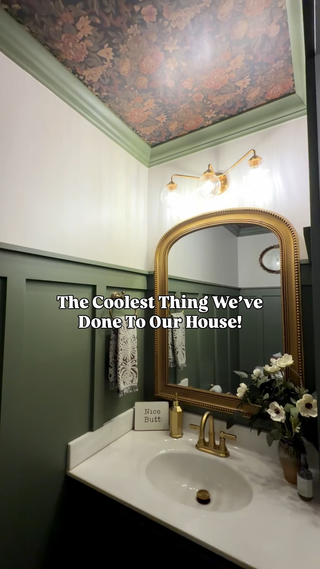 The hands down coolest think we did in our home this year was this no reno bathroom remodel!! That mirror is Walmart, under $100 & is a look for less of an $800 one 🤯 Wall colors are Popular Gray (it’s a beige heavy griege) & Sage Green Light (which makes zero sense since this is neither Sage or light 🤣) by Sherwin Williams 

#LTKSaleAlert #LTKHome