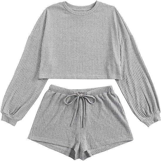 Verdusa Women's Rib Knit Long Sleeve Lounge Set 2 Piece PJ Set Nightwear Pajama Set | Amazon (US)