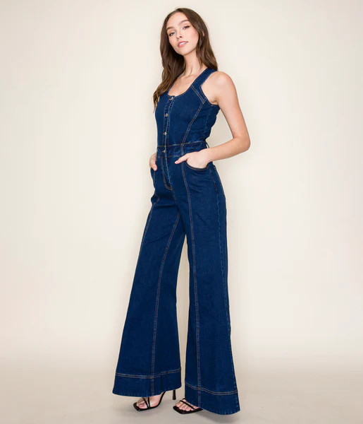 Dark Denim Wide Leg Jumpsuit | UniqueVintage