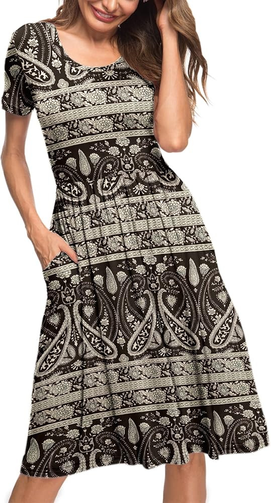 AUSELILY Women's Short Sleeve Pockets Empire Waist Loose Swing Casual Flare Print Floral Pleated Dre | Amazon (US)