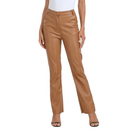 HDE Women s Faux Leather Pants High Waisted Trousers with Pockets Camel Brown - L | Walmart (US)