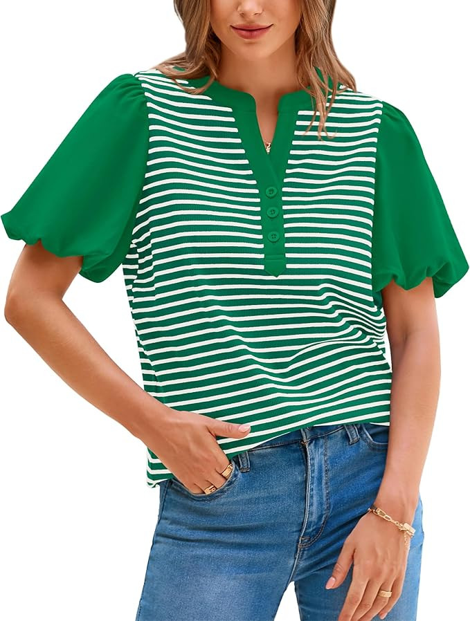 BTFBM 2025 Women's Summer Puff Short Sleeve Tops V Neck Casual Button Up Striped Tee Shirts Loose... | Amazon (US)