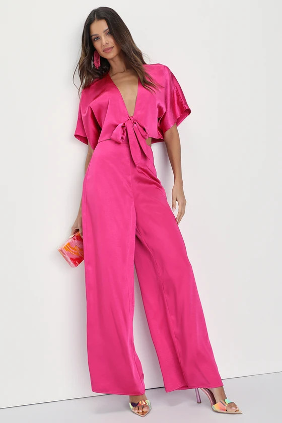 Flirt For Fun Fuchsia Tie-Front Two-Piece Wide-Leg Jumpsuit | Lulus (US)