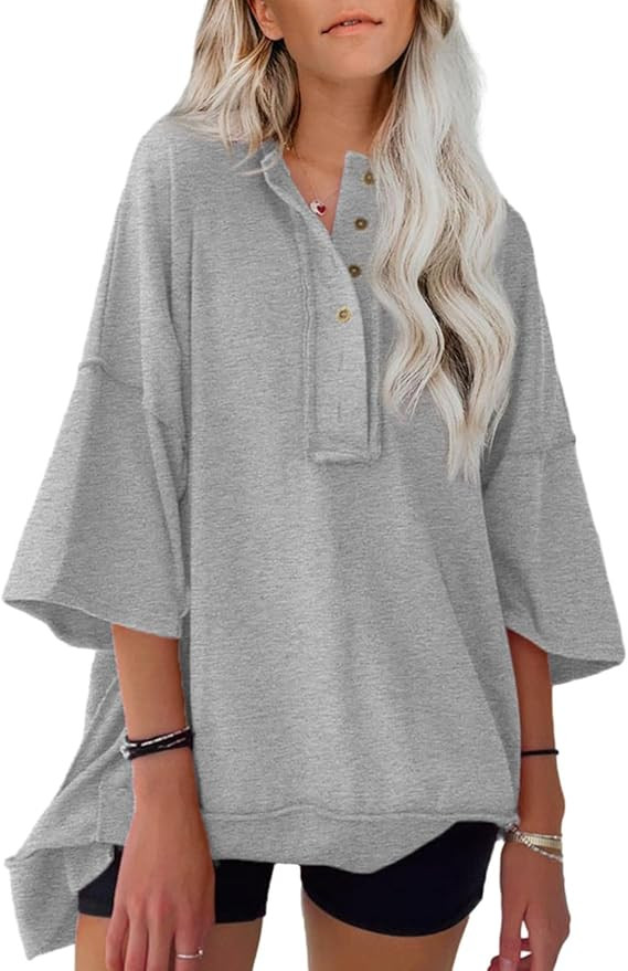 AlvaQ Womens Oversized Short Sleeve Sweatshirt Summer Casual Loose Button Down Henley V Neck Pull... | Amazon (US)