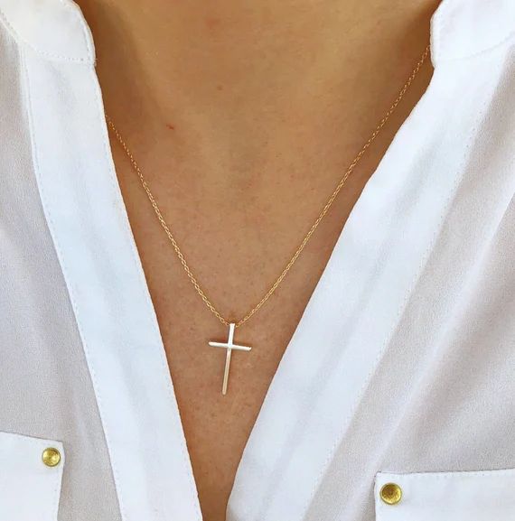 Gold cross necklace, cross necklace, religious necklace cross, religious gift, simple cross neckl... | Etsy (US)