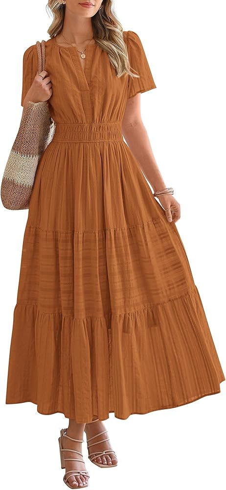 BTFBM Womens Summer 2025 Casual Midi Maxi Dresses Lightweight Short Sleeve V Neck Elastic Waist B... | Amazon (US)