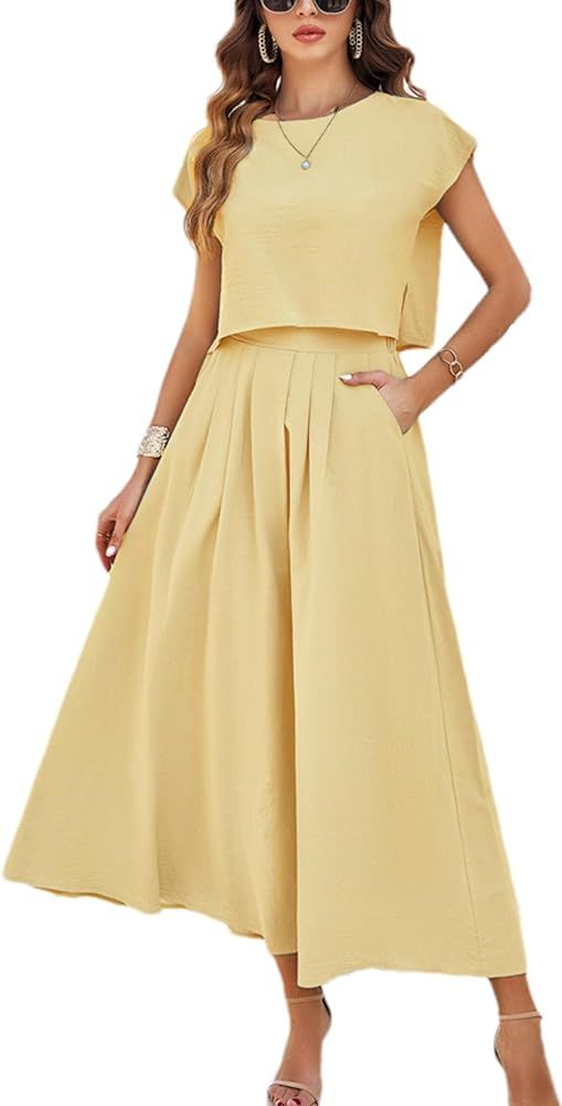 HangNiFang Summer Skirt Sets Women 2 Piece Outfits Cap Sleeve Top Elastic Waist Maxi Dress Sets w... | Amazon (US)