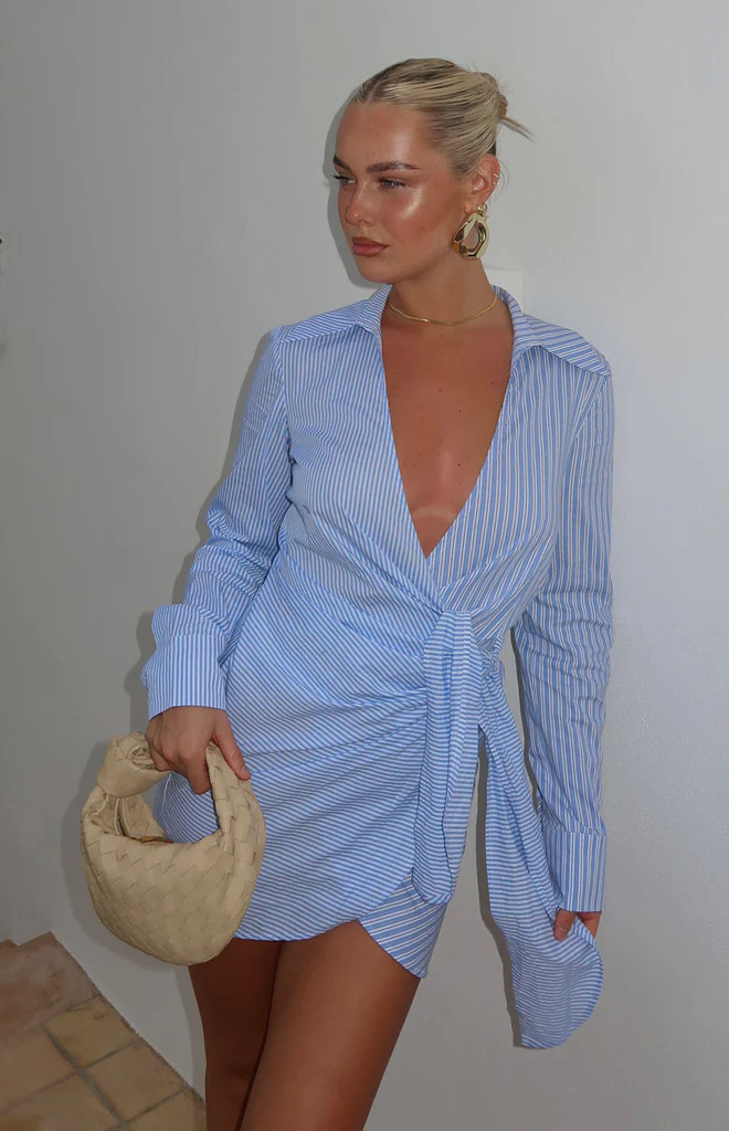 Holly Blue Stripe Tie Up Shirt Mini Dress | Beginning Boutique (AU)