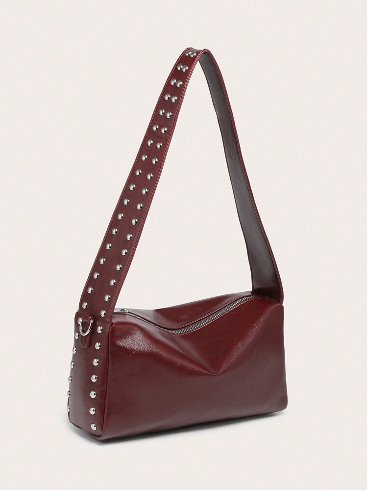 1pc Women's Large Capacity Burgundy Square Handbag With Rivet Decoration, Adjustable Wide Strap, Niche Design, Commuter Underarm Bag, Fashionable Burgundy Bag | SHEIN