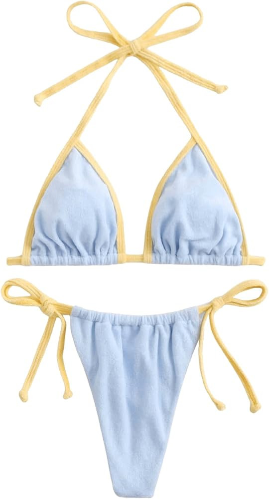SweatyRocks Women's 2 Piece Triangle Bathing Suit Halter Top ​Tie Side Thong Bikini Swimsuits | Amazon (US)