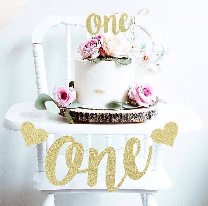Mini Things 1st First Birthday Decoration Set One High Chair Banner and One Cake Topper (Gold) | Amazon (US)
