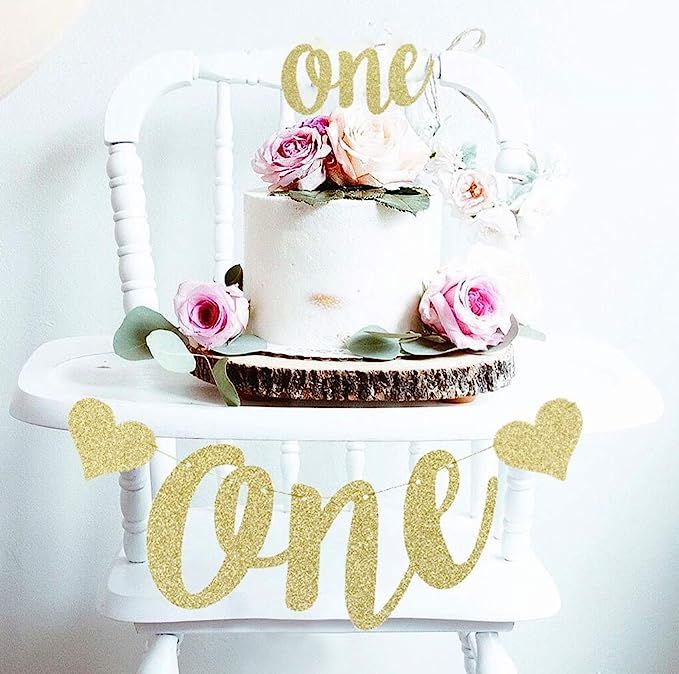 Mini Things 1st First Birthday Decoration Set One High Chair Banner and One Cake Topper (Gold) | Amazon (US)