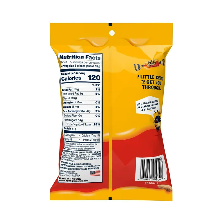 Bit-O-Honey Honey and Roasted Almond Chewy Taffy Candy 4.2oz. Candy Bag Gluten Free, Contains Mil... | Walmart (US)