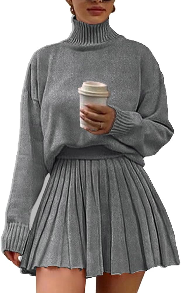 Women's 2 Piece Outfits Turtleneck Long Sleeve Oversized Pullover Sweaters and Pleated Mini Skirt... | Amazon (US)